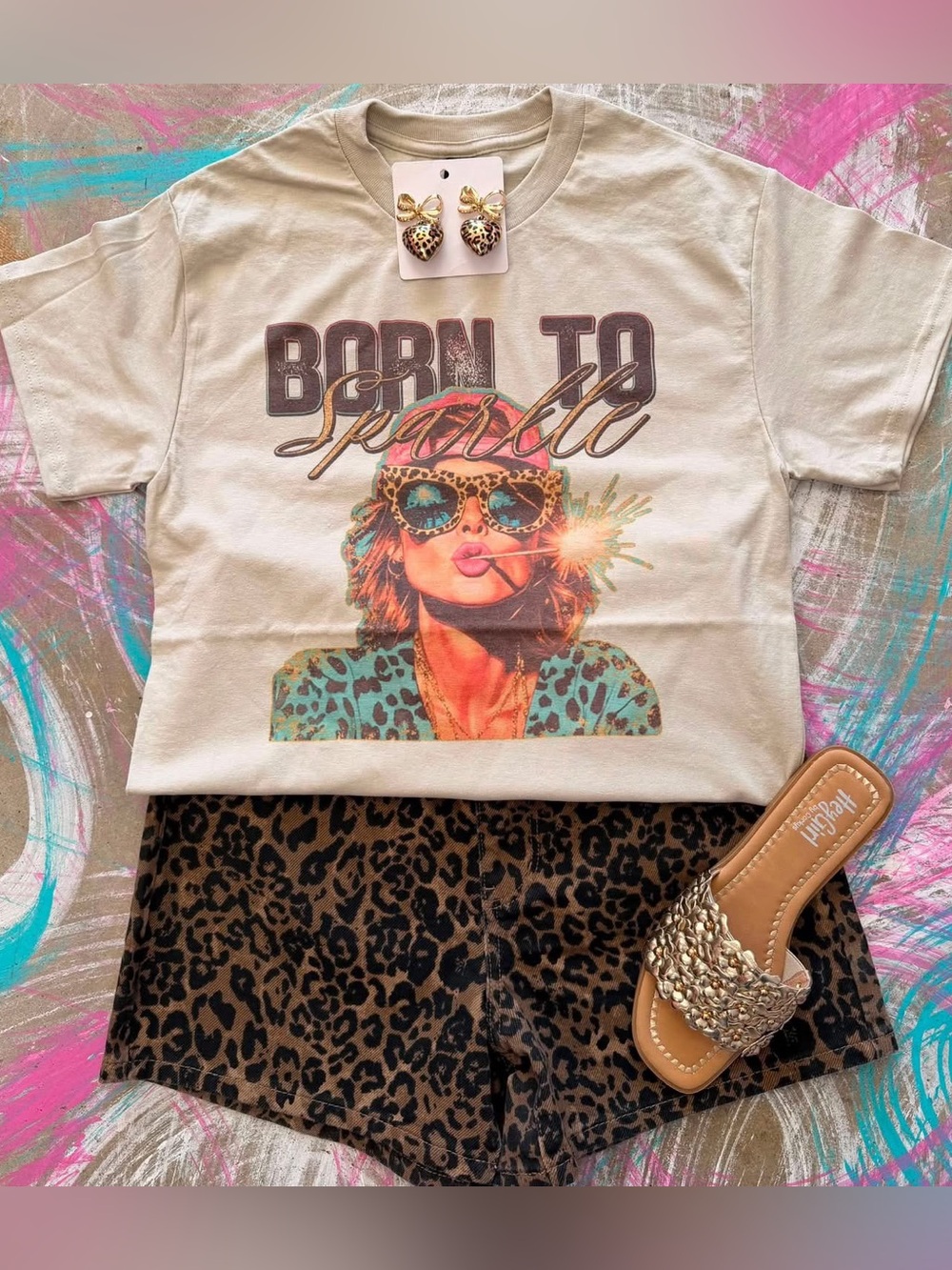 Born to sparkle vintage washed leopard boho graphic tunic top shirt